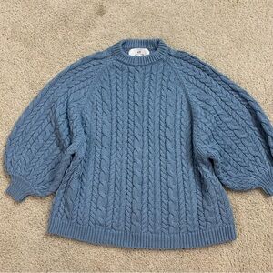 Women’s I LOVE MR MITTENS Slate Blue CABLEKNIT Balloon Sleeve OVERSIZED SWEATER